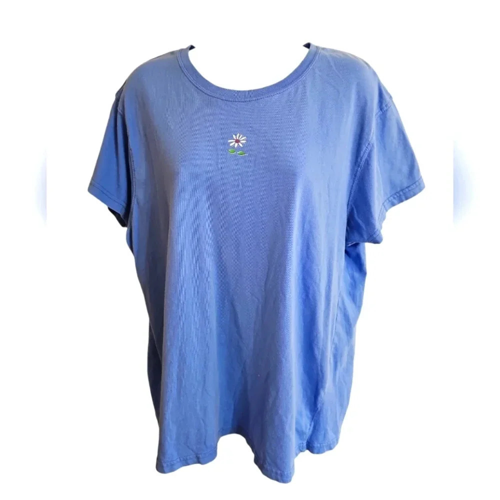 Cuffy’s Womens XL T-Shirt Blue Cotton Embroidered Daisy Coastal Casual Vacation - Picture 2 of 6